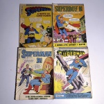 Hq 1: Superman; A Morte do Super-homem. N36. 1967. Editora Ebal. Idioma: Português. Revista em regular estado de conservação. Hq 2: Superboy-Bi; aventuras do Super-homem quando era menino. N13. 1969. Editora Ebal. Idioma: Português. Revista em regular estado de conservação. Rasgos na lombada e rasuras na capa.  Hq 3: Superman-Bi; O Rei Super-homem contra Clark Kent, Metallo. N6. 1966. Editora Ebal. Idioma: Português. Revista em regular estado de conservação. Lombada com rasgos; rasuras na capa.Hq 4: Superman; Os furtos do Clark KEnt - O Superbandido de Metrópolis - A Batalha dos Super Animais. N34. 1967. Editora Ebal. Idioma: Português. Revista em regular estado de conservação. Rasuras na capa.Revistas de histórias em quadrinhos usadas, podendo apresentar: marcas de uso, manuseio e desgastes devido a ação do tempo; escurecimento devido à oxidação; anotações, rasuras e grifo e pontos de oxidação.