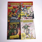 Hq 1: Sargento Rock; Histórias de Guerra - Bala para um Sargento. Epopeia 1. 1967. Editora Ebal. Idioma: Português. Revista em regular estado de conservação. Hq 2: Sargento Rock; Histórias de Guerra - Um nazista às minhas costas. Epopeia 2. 1967. Editora Ebal. Idioma: Português. Revista em regular estado de conservação. Rasuras na capa.Hq 3: Sargento Rock; Histórias de Guerra - Último homem último tiro. Epopéia 3. 1967. Editora Ebal. Idioma: Português. Revista em regular estado de conservação. Rasuras na capa.Hq 4: Sargento Rock; Histórias de Guerra - Entregue-me suas divisas. Epopéia 4. 1967. Editora Ebal. Idioma: Português. Revista em regular estado de conservação. Rasura na capa. Fita na lombada.Revistas de histórias em quadrinhos usadas, podendo apresentar: marcas de uso, manuseio e desgastes devido a ação do tempo; escurecimento devido à oxidação; anotações, rasuras e grifo e pontos de oxidação.