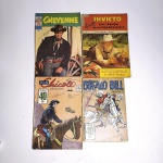Hq 1: Búfalo Bill. N80. 1954. Editora Rio Gráfica. Idioma: Português. Revista em regular estado de conservação. Desgastes e rasgos na lombada; rasura na capa.Hq 2: Don Chicote. 40 - N124. 1965. Rio Gráfica. Editora Rio Gráfica. Idioma: Português. Revista em regular estado de conservação. Rasgos e desgastes na lombada. Rasuras na caoa.Hq 3: Invicto; Jace Pearson, um dos patrulheiros do oeste. N50. 1961. Editora Ebal. Idioma: Português. Revista em regular estado de conservação. Rasgos, desgastes na lombada. Rasura na capa.Hq 4: Cheyenne. N12. 1970. Editora Ebal. Idioma: Português. Revista em regular estado de conservação. Rasura na capa.Revistas de histórias em quadrinhos usadas, podendo apresentar: marcas de uso, manuseio e desgastes devido a ação do tempo; escurecimento devido à oxidação; anotações, rasuras e grifo e pontos de oxidação.