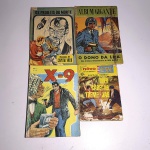 Hq 1: Os Projetis da Morte; Aventura de Capitão Vídeo. N21. 1965. Editora Ebal. Idioma: Português. Revista em regular estado de conservação. Rasuras na capa.Hq 2: Album Gigante; O dono da Lua - Uma Aventura Interplanetária de Rick Randon. N10. 1964. Editora Ebal. Idioma: Português. Revista em regular estado de conservação. Rasuras, desgastes e sujidades na capa.Hq 3: X-9 ano 2. N12. Editora Lord Cochrane. Idioma: Português. Revista em regular estado de conservação. Corte, páginas e extremidades da capa com desgastes, sujidades e pequenos rasgos. Rasura na capa.Hq 4: Três cabeças tremendas; nôvo em quadrinhos! FBI. N16. Editora Monterrey. Idioma: Português. Revista em regular estado de conservação. Páginas com desgastes; capa e contracapa com pequenos rasgos, desgastes, sujidades e com rasuras.Revistas de histórias em quadrinhos usadas, podendo apresentar: marcas de uso, manuseio e desgastes devido a ação do tempo; escurecimento devido à oxidação; anotações, rasuras e grifo e pontos de oxidação.