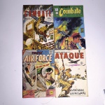 Hq 1: Air Force; Fightin - Too Low - Too Slow. Vol 1 number 17. 1969. Editora Published Quarterly by Charlton Comics Group. Idioma: Inglês. Revista em regular estado de conservação.Hq 2: Ataque; Aventuras eletrizantes. 18.. Editora La Selva. Idioma: Português. Revista em regular estado de conservação. Rasura na capa.Hq 3: Almanaque Combate Rp-130/v. Editora Taika. Idioma: Português. Revista em regular estado de conservação. Hq 4: Almanaque de Combate; entre o céu e o inferno. Editora Taika. Idioma: Português. Revista em regular estado de conservação. Rasura na capa.Revistas de histórias em quadrinhos usadas, podendo apresentar: marcas de uso, manuseio e desgastes devido a ação do tempo; escurecimento devido à oxidação; anotações, rasuras e grifo e pontos de oxidação.