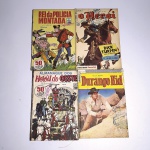 Hq 1: Rei da Polícia Montada. N11. 1967. Editora Rio Gráfica. Idioma: Português. Revista em regular estado de conservação. Rasuras na capa; lombada com pequenos rasgos.Hq 2: O Herói; Dick Turpin - O Rei das Estradas. N90. 1964. Editora Ebal. Idioma: Português. Revista em regular estado de conservação. Rasuras na capa.Hq 3: Almanaque dos Heróis do Oeste. 1968. Editora Rio Gráfica. Idioma: Português. Revista em regular estado de conservação. Páginas, extremidades da capa e lombada com pequenos rasgos de desgaste. Rasuras na capa.Hq 4: Durango Kid. N33. 1967. Editora Ebal. Idioma: Português. Revista em regular estado de conservação. Rasura e desgastes na capa.Revistas de histórias em quadrinhos usadas, podendo apresentar: marcas de uso, manuseio e desgastes devido a ação do tempo; escurecimento devido à oxidação; anotações, rasuras e grifo e pontos de oxidação.