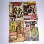 Hq 1: Paladino do Oeste; Superxis. N47. 1961. Editora Ebal. Idioma: Português. Revista em regular estado de conservação. Rasuras na capa.Hq 2: Defensores do Oeste. N7. 1970. Editora La Selva. Idioma: Português. Revista em regular estado de conservação. Rasura na capa.Hq 3: Aventura no Faroeste; Maverick. N6. 1962. Editora O Cruzeiro S.a Presidente. Idioma: Português. Revista em regular estado de conservação. Rasura na capa.Hq 4: Hopalong Cassidy; pradarias sangrentas. Editora La Selva. Idioma: Português. Revista em regular estado de conservação. Rasuras na capa. Rasgos e fita na lombada.Revistas de histórias em quadrinhos usadas, podendo apresentar: marcas de uso, manuseio e desgastes devido a ação do tempo; escurecimento devido à oxidação; anotações, rasuras e grifo e pontos de oxidação.