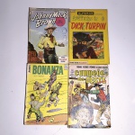 Hq 1: Johnny Mack Brown; Reis do Faroeste. N67. 1967. Editora Ebal. Idioma: Português. Revista em regular estado de conservação. Rasuras na capa.Hq 2: Aventuras de Dick Turpin. N73.1965. Editora Ebal. Idioma: Português. Revista em regular estado de conservação. Rasuras na capa.Hq 3: Bonanza. N7. 1968. Editora O Cruzeiro. Idioma: Português. Revista em regular estado de conservação. Rasuras na capa. Hq 4: Campeões do Oeste. N68. 1962. Editora Rio Gráfica. Idioma: Português. Revista em regular estado de conservação. Rasuras na capa e primeira página. Revistas de histórias em quadrinhos usadas, podendo apresentar: marcas de uso, manuseio e desgastes devido a ação do tempo; escurecimento devido à oxidação; anotações, rasuras e grifo e pontos de oxidação.