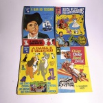 Hq 1: Chitty Chitty Bang Bang; O Calhambeque Mágico. N3. 1968. Editora Ebal. Idioma: Português. Revista em regular estado de conservação. Hq 2: Clássicos Walt Disney 3 - A Ilha do Tesouro; A guerra dos Dálmatas. 1969. Editora Abril. Idioma: Português. Revista em regular estado de conservação. Rasura na capa.Hq 3: Clássicos Walt Disney 7 - Alice no país das maravilhas - Rob Roy. 1969. Editora Abril. Idioma: Português. Revista em regular estado de conservação. Rasura na capa.Hq 4: Clássicos Walt Disney 13; Uma longa corrida, um grande mistério - Uma Aventura em Florença. 1969. Editora Abril. Idioma: Português. Revista em regular estado de conservação. Lombada e base da capa com rasgos.Miolo solto.  Revistas de histórias em quadrinhos usadas, podendo apresentar: marcas de uso, manuseio e desgastes devido a ação do tempo; escurecimento devido à oxidação; anotações, rasuras e grifo e pontos de oxidação.