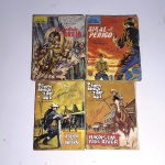 Hq 1: Ringo Ley; A Beira do inferno. 6. 1966. Editora Distribuidora de Publicações. Idioma: Português. Revista em regular estado de conservação. Rasuras e desgastes na capa.Hq 2: Ringo Ley; Eleições em Pass River. 17. 1966. Editora Distribuidora de Publicações. Idioma: Português. Revista em regular estado de conservação. Rasuras na capa.Hq 3: Sinal de Perigo; com Mustang Gray e os Texas Rangers. N10. XXXX. Editora Rio Gráfica. Idioma: Português. Revista em regular estado de conservação. Rasuras na capa e primeira folha.Hq 4: Jim Bridger em A Tempestade de Areia. N11. XXXX. Editora Rio Gráfica. Idioma: Português. Revista em regular estado de conservação. Capa com rasuras, solturas e desgastes; lombada com desgastes.Revistas de histórias em quadrinhos usadas, podendo apresentar: marcas de uso, manuseio e desgastes devido a ação do tempo; escurecimento devido à oxidação; anotações, rasuras e grifo e pontos de oxidação.