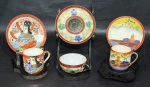 FAIANÇA ORIENTAL, Três xícaras de coleção com seus respectivos pires, sendo: A) 2 xícaras em faiança Satzuma com pintura policromada e realces em relevo, 1 representando paisagem e 1 representando figura (5x6x5cm / 4,5x6x4,5cm) e B) 1 em fina porcelana esmaltada com pintura de flores e folhagens em policromia (3,5x7,5x6cm).