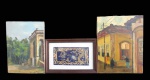 QUADROS, Três quadros, sendo: A) MARCIA, 1977, "PARATI", OST. Med.: 35,5x27cm, B) CECILIA, 1977, "PAISAGEM", OST. Med.: 33,5x24cm, e C) Panot emoldurado representando pássaro, arvores e elementos vegetalistas em fio de ouro, moldura em madeira. Med.: 33x22cm.