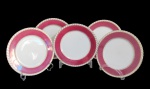 PRINCESS, China, Cinco pratos para sobremesa em porcelana esmaltada na tonalidade creme, decorado com espessa faixa na tonalidade vinho, borda torcida filetada a ouro. Med.: 20cm.