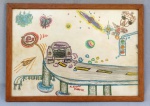 M. KNOFF JUNIOR, um (1) desenho surrealista representando carro, ponte, espaçonave, saturno, semáforo, etc., giz de cera sobre papel ou cartão, assinado e datado 82 no CI, emoldurado, medindo com moldura 34,5 x 24,5 cm, (Marcelo Knoff Júnior, filho dos artistas plásticos Udo Horst Knoff e Ivoticí Becker Altmayer Knoff, chegou a expor e acompanhar os pais na feira Hippie em Ipanema, atualmente trabalha na Fundação Oswaldo Cruz, RJ).