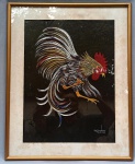 EVA NOVO (?), uma (1) pintura representando Galo de Briga, técnica mista sobre papel, assinado, localizado Rio e datado 68 no CID, emoldurada e envidraçada, medindo com moldura 56,5 x 45 cm.