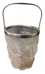 WMF, Balde para gelo em vidro granulado translucido com guarnição e alça central em metal espessurado a prata, marcado na borda, apresenta oxidações. Med.: 24x13cm.