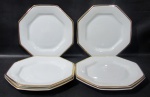 PORCELANA SCHMIDT - Seis pratos fundos em porcelana vitrificada branca nacional em formato oitavado, bordas filetadas à ouro, marcados no fundo. Medidas 4 x 23 cm