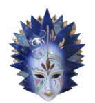 PORCELANA, Máscara venética em porcelana esmaltada na tonalidade azul, adornos em ouro e realces em glitter. Med.: 25,5x22cm. Possui bicado.