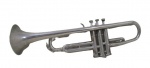 INSTRUMENTOS MUSICAIS, Trompete da manufatura WERIL, confeccionado em metal prateado, possui mossas e falta bocal, acondicionada em estojo em madeira, revestida em couro com interior em veludo na cor vermelha, possui desgastes no estojo. Med.: 50cm Trompete. Estojo: 53x18,5cm.