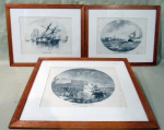 QUADROS, Reproduções do álbum de gravuras de J. Pedrozo, Lisboa 1867, sendo A) TORRE DE SÃO JULIÃO DA BARRA DE LISBOA (20x28cm), B) UMA QUERENA NO TEJO (20x28cm) e C) PRAIA DE VALLADARES ao POÇO DO BISPO (20x28cm), moldura em madeira medindo 34x42cm.