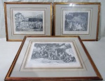 QUADROS, Três gravuras emolduradas em madeira, sendo: A) "REPOUSO DE UMA CARAVANA" 3ª PARTE, QUADRO 19 (23x30,5cm), B) "CASTIGOS DOMESTICOS" 4ª PARTE, QUADRO 10 (23x30,5cm) e C) "LUNDÚ" 3ª PARTE, QUADRO 18 (23x30,5cm), moldura com patina dourada medindo (39x47cm), apresenta falhas na patina.