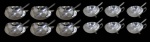 METAL PRATEADO, Lote 12 taças para sorvete em metal espessurado a prata, sendo: A) 6 da manufatura EBERLE, com formato quadrangular (10,5x8,5x8,5cm) e B) 6 cinzelados por folhagens e volutas, apoiado sobre 3 pés em folhagens (3x12x9cm). Acompanha 12 colheres da manufatura EBERLE (13cm).
