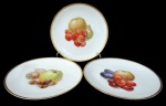THOMAS BAVARIA, Três pratos decorativos, confeccionados em porcelana esmaltada na tonalidade branca, com pintura de frutos distintos em rica policromia e borda filetada a ouro. Med.: 19cm.