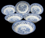 ROYAL WESSEX, Inglaterra, Seis bowls confeccionados em faiança vitrificada com pintura de flores e folhagens, paisagem e cavalheiros na tonalidade azul. Med.: 4x16cm.