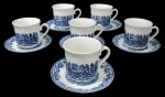 ROYAL WESSEX, Inglaterra, Seis xícaras para chá com seus respectivos pires, confeccionada em faiança vitrificada com pintura de flores e folhagens e cavalheiros na tonalidade azul. Med.: 8x10x8cm / 14cm.