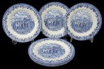 ROYAL WESSEX, Inglaterra, Seis pratos para sobremesa confeccionados em faiança vitrificada com pintura de flores e folhagens, paisagem e cavalheiros na tonalidade azul. Med.: 17cm.