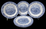 ROYAL WESSEX, Inglaterra, Seis pratos rasos confeccionados em faiança vitrificada com pintura de flores e folhagens, paisagem e cavalheiros na tonalidade azul. Med.: 25,5cm.