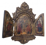 ARTE SACRA, Séc. XX, Ícone bizantino em madeira foleada a ouro, pintura em tela de óleo em rica policromia, apresenta certificado de autenticidade no verso. Med.: 35,5x34cm.