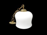 LUSTRES, Lustre em metal dourado com cúpula em vidro opalinado. Possui 1 bicado. Med.: 71x30cm.