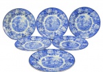 WOOD'S WARE, Enoch Wood's, Inglaterra, Seis pratos para sobremesa em faiança inglesa vitrificada com pintura de flores, folhagens e fazenda na tonalidade azul. 1 bicado e com marcas do tempo. Med.: 17,5cm,