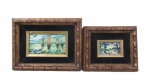 QUADROS, "Paisagem" & "Marinha" OSE. Moldura em madeira entalhada, decorada com folha de ouro. Med.: 14x16,5cm / 22x17cm.