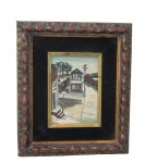 (?) KEN, "Casarios", OSE. Moldura em madeira entalhada, decorada com folha de ouro. Med.: 33x28cm.