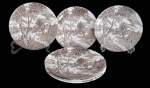 W.H. GRINDLEY, SUNDAY MORNING, Inglaterra, Seis pratos rasos em faiança vitrificada, com pintura de casarios e arvoredos na tonalidade marrom. Med.: 25,5cm.