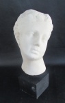 ESCULTURAS - Escultura em pedra calcária representando rosto feminino sobre base em madeira com haste em ferro. Apresenta bicados. Med.: 30x18x13cm.