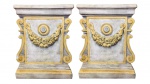 MOBILIARIO, Par de colunas, confeccionadas em granito, estilo francês, decorado por volutas e guirlanda floral na tonalidade dourada, base e tampo retangular escalonado. Med.: 56x15x78cm. Retirada agendada no Rio Comprido - RJ.