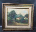 ONILDAQUINO, Lugarejo, OST, assinado no CIE, verso: autenticado e intitulado, medindo 41 x 33 cm, moldura em madeira 58 x 50 cm, (Onilda Gomes DAquino, 1936, Rio de Janeiro, RJ, pintora e desenhista).