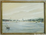 ANDREA MARIANI ( Itália 1886/1970 ) - Marinha e barco com vista da cidade - óleo sobre baquelite 9 x 12 - ass.inf. direito. Medida com moldura 31 x 32 cm. Estimativa R$ 500,00/ R$ 700,00