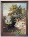 JÓZSEF MOLNÁR (1821-1899)  PAISAGEM CAMPESTRE COM PATOS   OLEO SOBRE CANVAS  ASSINADA CANTO INFERIOR DIREITO. MUITO GRANDE TELA COM BELA OBRA DE MOLNAR. EM PRIMEIRO PLANO LAGO COM PATOS. AO FUNDO CAMPO COM PESSOAS CONVERSANDO E POVOAMENTO. HUNGRIA, SEGUNDA METADE DO SEC. XIX.  127 X 96 CM (CONSIDERANDO O TAMANHO DA MOLDURA)NOTA: József Molnár (21 de março de 1821  6 de março de 1899) foi um pintor húngaro. Molnár nasceu em Zsámbék e estudou em Veneza , Roma e Munique . Após os estudos, estabeleceu-se em Estutgard, onde ganhou dinheiro pintando retratos. Retornou à Hungria em 1853 e começou a pintar paisagens e pinturas históricas em Pest .Molnár morreu em Budapeste .