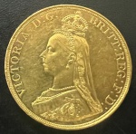 Moeda Estrangeira, INGLATERRA, Rainha Vitória, Valor 5 Libras,  Ano 1887, Ouro, Peso 40 g, Soberba.