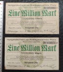 ALEMANHA - 2 CÉDULAS DE 1 MILHÃO DE MARCOS - PFALZ - REGISTRO PRETO COM ASTERISCO - MUITO BEM CONSERVADAS