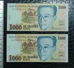 BRASIL - 2 CÉDULAS EM SEQUENCIA - 1000 CRUZEIROS REAIS - C238 - 1993 - ANISIO TEIXEIRA - FLOR DE ESTAMPA