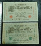 ALEMANHA - 2 CÉDULAS DE 1000 MARCOS - ANO 1910 - LETRA `D` E `P` REGISTRO E SELO VERMELHO E REGISTRO E SELO VERDE - MUITO BEM CONSERVADAS