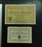 ALEMANHA - 2 CÉDULAS - 500 MIL MARCOS(1923 - ARNSWALDE) E 10 MARCOS(1918 - AHLEN) - NOTGELD 