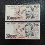 BRASIL - 2 CÉDULAS DE 10000 CRUZEIROS - C225 - 1993 - FLOR DE ESTAMPA - VITAL BRAZIL