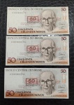 BRASIL - 3 CÉDULAS DE 50 CRUZEIROS - SEQUENCIA - C210 - 1990 - FLOR DE ESTAMPA - CARLOS DRUMMOND DE ANDRADE