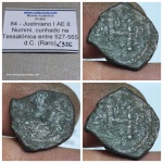L356 . Moeda Atribuída à Justiniano I , 527 á 565, moeda rara, Nummi cunhada em Tessalonica.