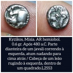 L2553 Moeda atribuida a Kyzikos Hemiobol de Prata, cunhada em 480 a.C