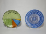 Dois pratos decorativos para parede, pintados à mão, medindo 25 cm de diâmetro. Um com dizeres UM DIA DE FORMA LEVE ALMOÇO E JANTAR - assinado Vera Forman 2001 e o outro pintado nos tons de azul com formas de ondas, medindo 26 cm de diâmetro, Porcelana SCHMIDT.