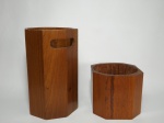 Dois itens em madeira, sendo 1 cachepot no formato oitavado. Alt. 15 cm x 20 cm de diâmetro  e 1 porta guarda-chuva ou bengaleiro no formato oitavado. Alt. 30 cm x 19 cm de diâmetro. (No cachepot constam aberturas em um dos lados).