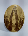 Antigo e raro adorno de mesa em metal com imagem representando - NOSSA SENHORA DO BOM PARTO - Medida: 12 ,5 cm de altura x 9,5 cm.